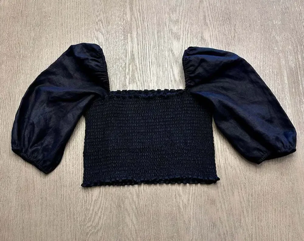 Reformation Scarlett Linen Smocked Puff Sleeve Crop Top Black Size 12